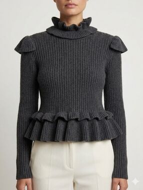 Ganni Ribbed Ruffle Peplum Sweater Open Back Wool Blend Gray Frill Rib S